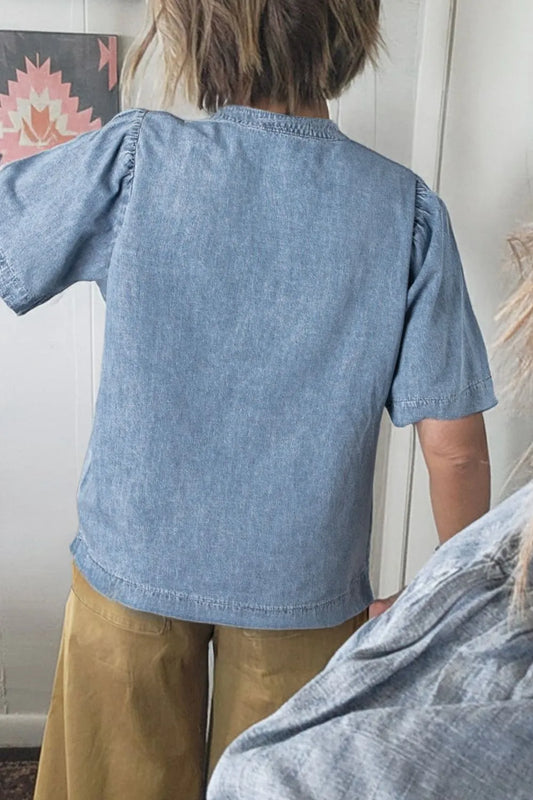 Casual Notched Puff Sleeve Denim Top - Tigbul's Variety Fashion Shop
