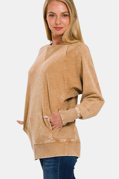 Zenana Pocketed Round Neck Sweatshirt - Tigbul's Variety Fashion Shop