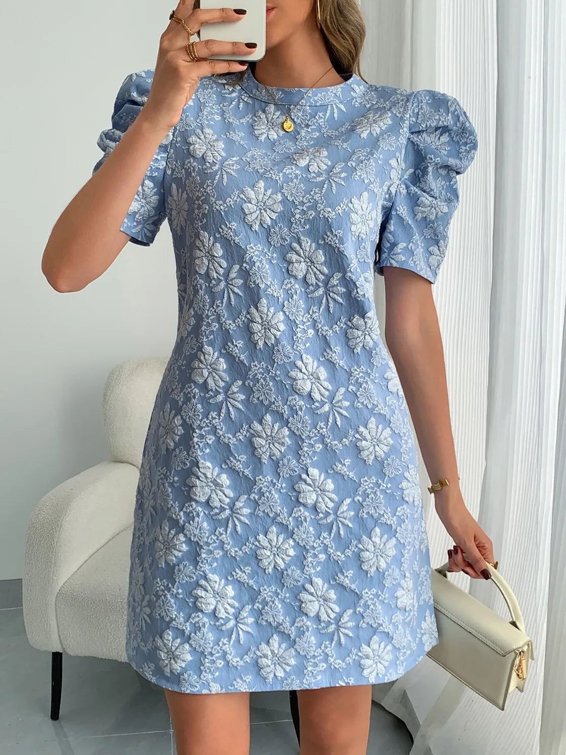 Round Neck Puff Short Sleeve Mini Dress - Tigbul's Variety Fashion Shop