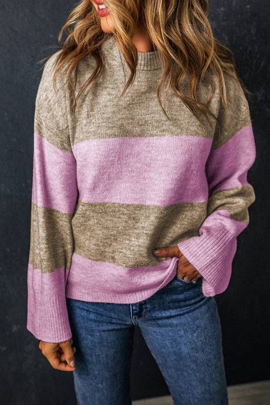 Renata Stripe Crew Neck Wide Sleeve Colorblock Swe - Tigbul's Variety Fashion Shop