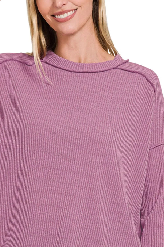 Zenana Ribbed Drop Shoulder Round Neck Sweater - Tigbul's Variety Fashion Shop
