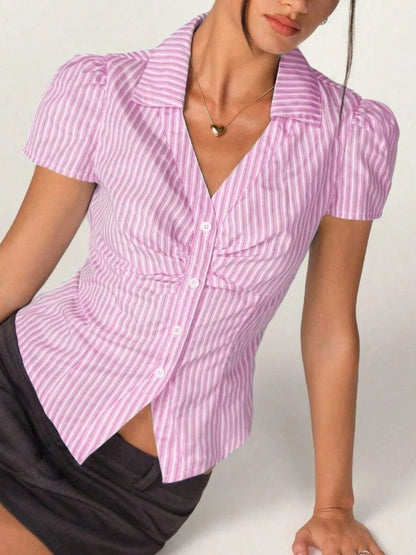 Striped Collared Neck Short Sleeve Shirt - Tigbul's Variety Fashion Shop