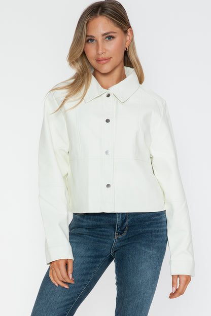 White Snap Down Long Sleeve PU Leather Jacket