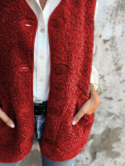 Full Size Cozy Sherpa Fleece Button-Up Vest Coat with Pockets Plus Size - Tigbul's Variety Fashion Shop