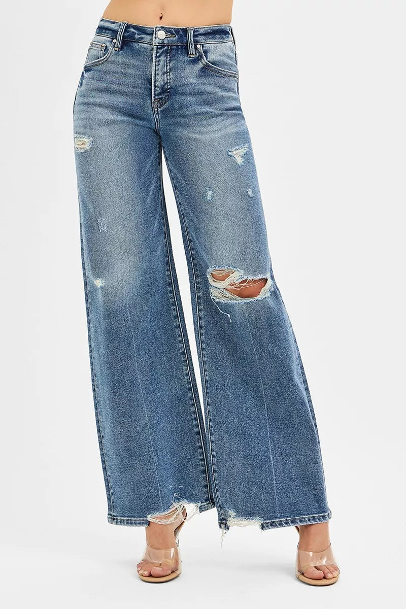 RISEN Tummy Control Mid Rise Fit Wide Jeans - Tigbul's Variety Fashion Shop