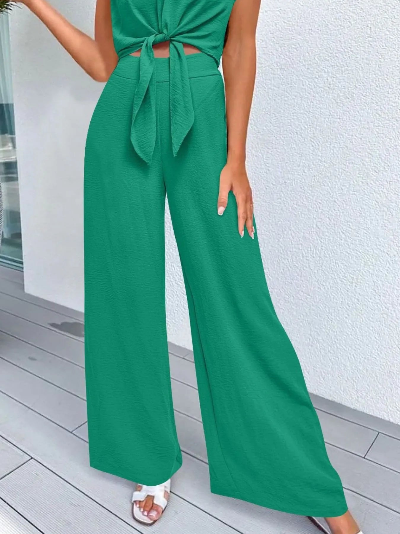 Tie Front Top and Wide Leg Pants Set - Tigbul's Variety Fashion Shop