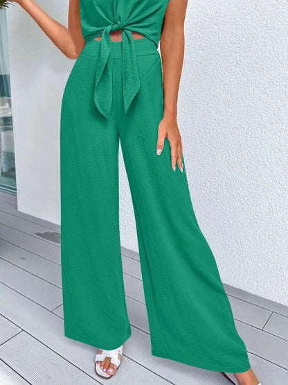 Tie Front Top and Wide Leg Pants Set - Tigbul's Variety Fashion Shop