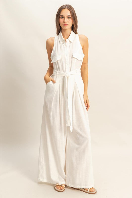 HYFVE Sleeveless Tie Waist Wide Leg Jumpsuit - Tigbul's Variety Fashion Shop