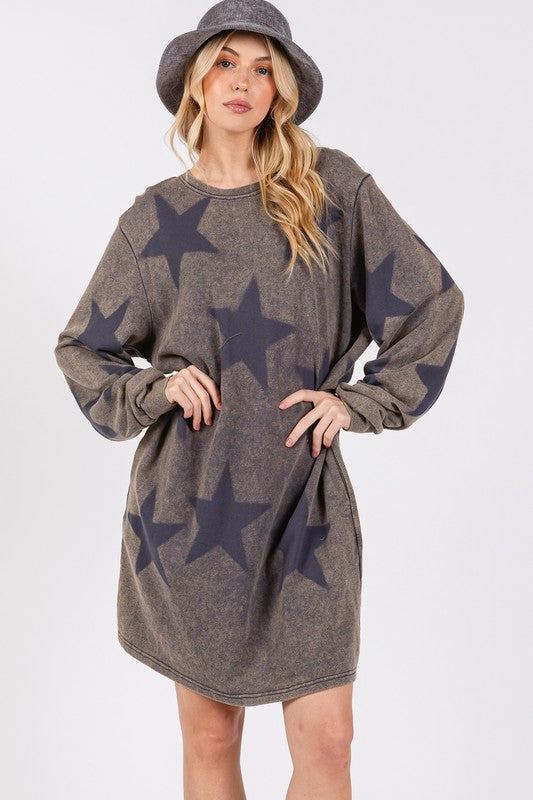 SAGE + FIG Washed Star Print Round Neck Dress - Tigbul's Variety Fashion Shop