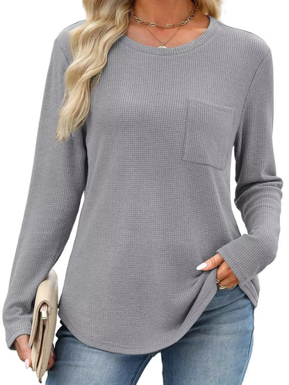 Waffle Knit Long Sleeve Pocket T-Shirt - Tigbul's Variety Fashion Shop