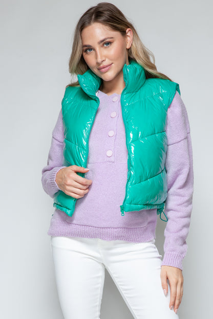 Green Zip Up Turtleneck Shiny Quilted Vest - Tigbul's Variety Fashion Shop