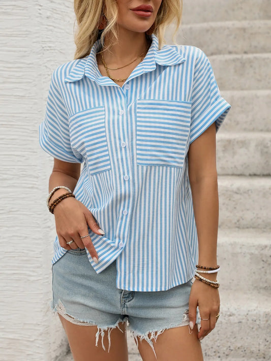 Striped Collared Neck Short Sleeve Shirt - Tigbul's Variety Fashion Shop