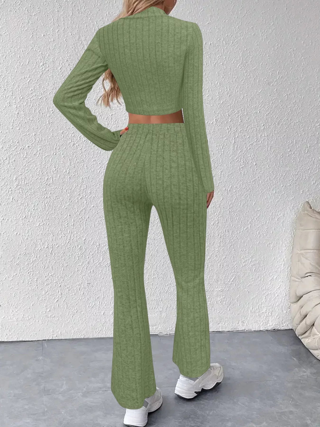 Ribbed Knit Crop Top and Flare Pants Set - Tigbul's Variety Fashion Shop
