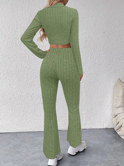 Ribbed Knit Crop Top and Flare Pants Set - Tigbul's Variety Fashion Shop