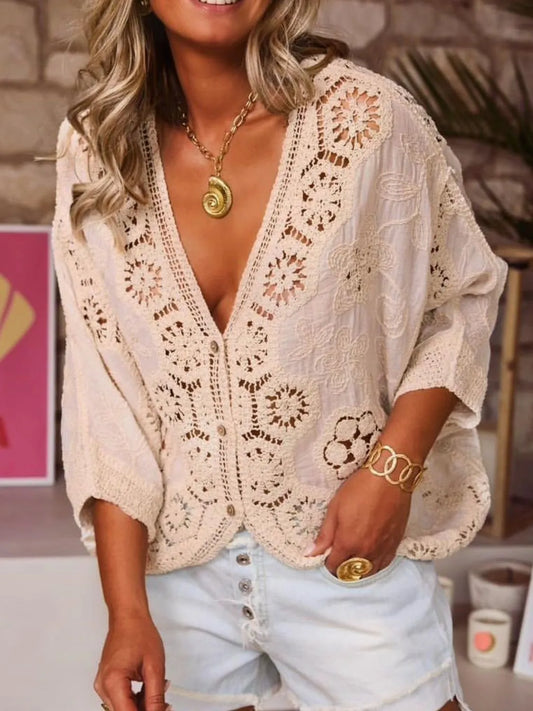 Crochet Lace V-Neck Blouse - Tigbul's Variety Fashion Shop