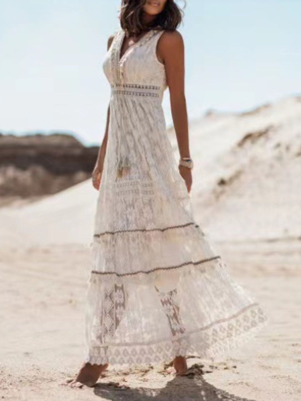 Lace V-neck sleeveless maxi dress in white, tiered skirt with decorative lace trim