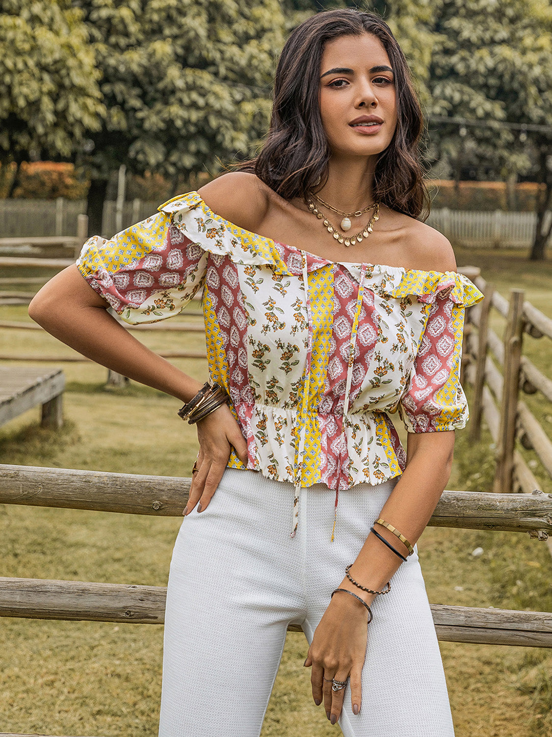 Ruffled Printed Off-Shoulder Short Sleeve Blouse - Tigbul's Variety Fashion Shop