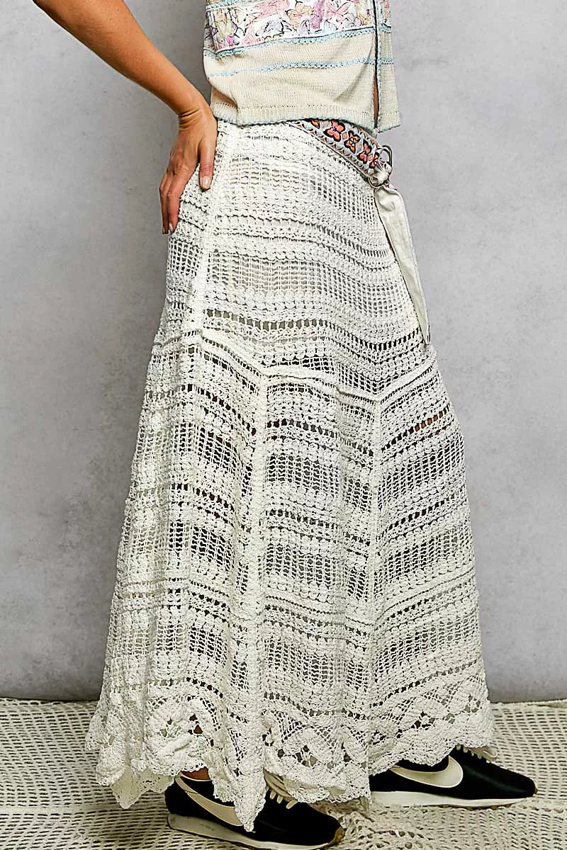 Off White Boho Crochet Knit Maxi Skirt | Tigbuls Variety Fashion