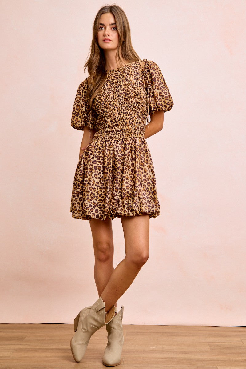 Trendsi leopard print mini dress with puff sleeves and gathered, tiered hem
