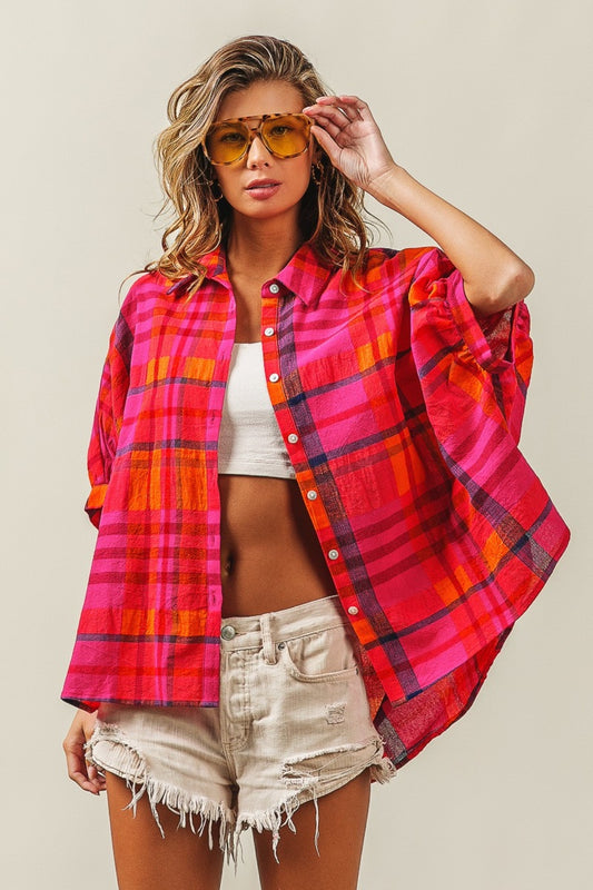 BiBi Button Up Dolman Sleeve Plaid Shirt - Tigbul's Variety Fashion Shop