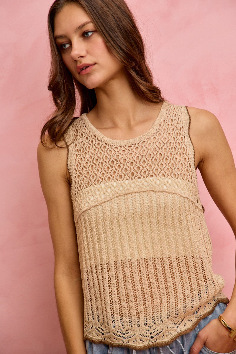 Oatmeal crochet lace sweater vest with sleeveless armholes and scalloped hem edging