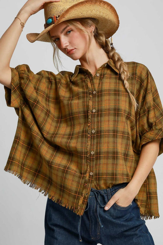 Umgee Full Size Raw Hem Plaid Collared Neck Half Sleeve Shirt Plus Size - Tigbul's Variety Fashion Shop