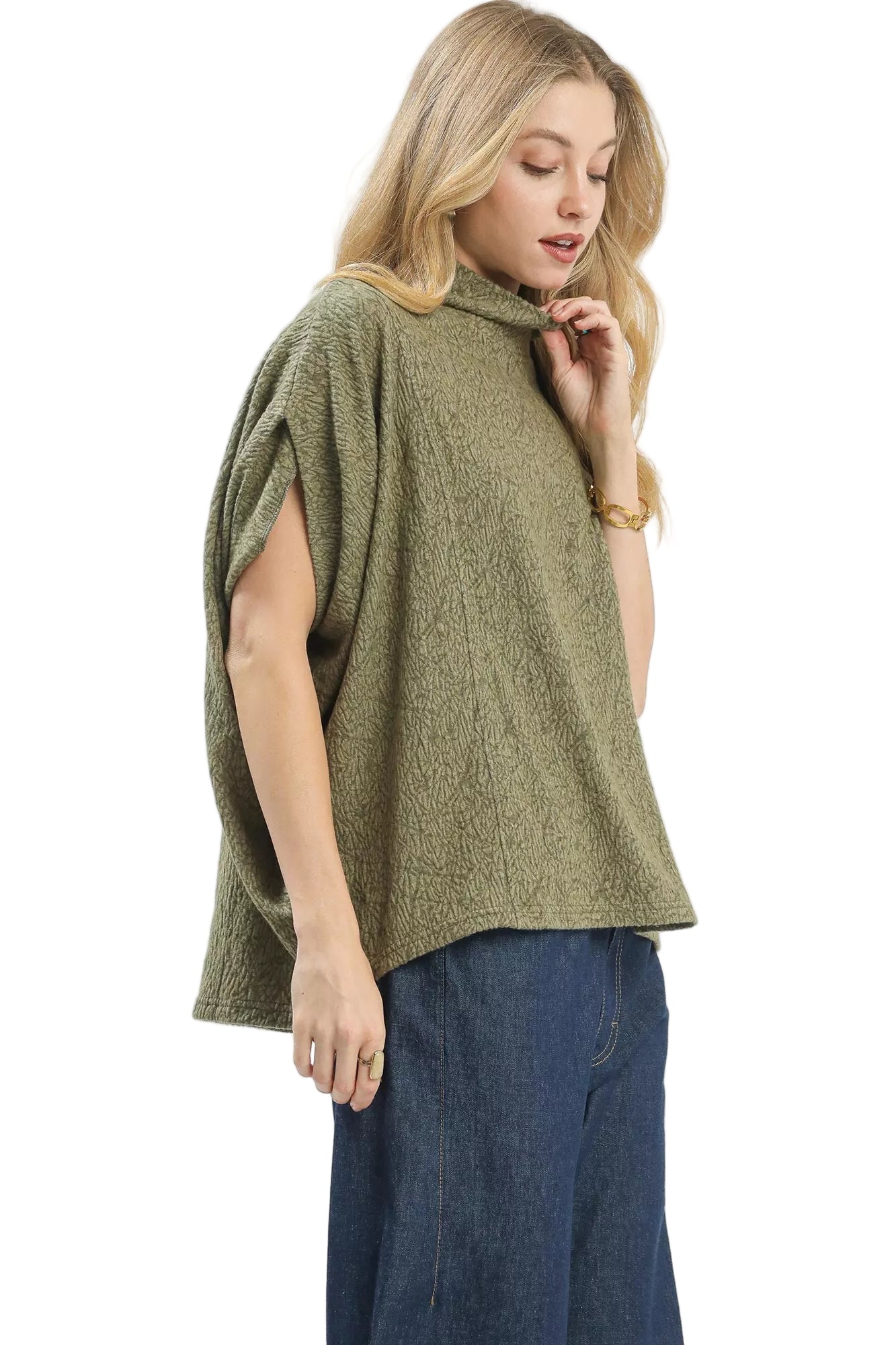 Light Olive Textured Mock Neck Relaxed Top - Tigbuls Fashion
