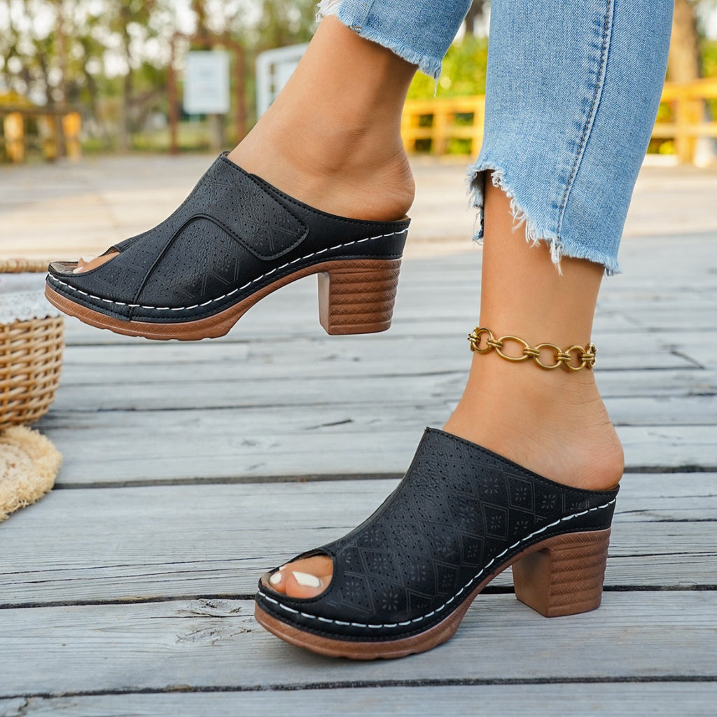 Black peep toe block heel sandals with perforated pattern and strap