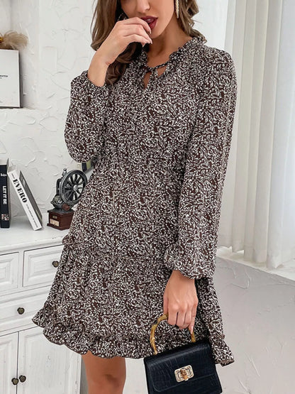 Ruffle Hem Tie Neck Mini Dress - Tigbul's Variety Fashion Shop