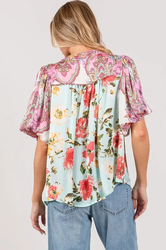 Plus Size Floral Mineral Wash Blue French Terry Button Up Shirt - Tigbul's Variety Fashion Shop