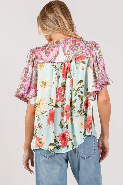 Plus Size Floral Mineral Wash Blue French Terry Button Up Shirt - Tigbul's Variety Fashion Shop