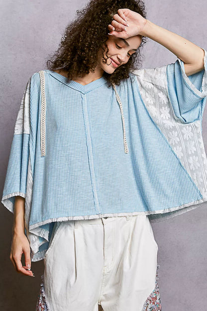 POL Short Sleeve Hoodie Top with Lace Detail - Tigbul's Variety Fashion Shop