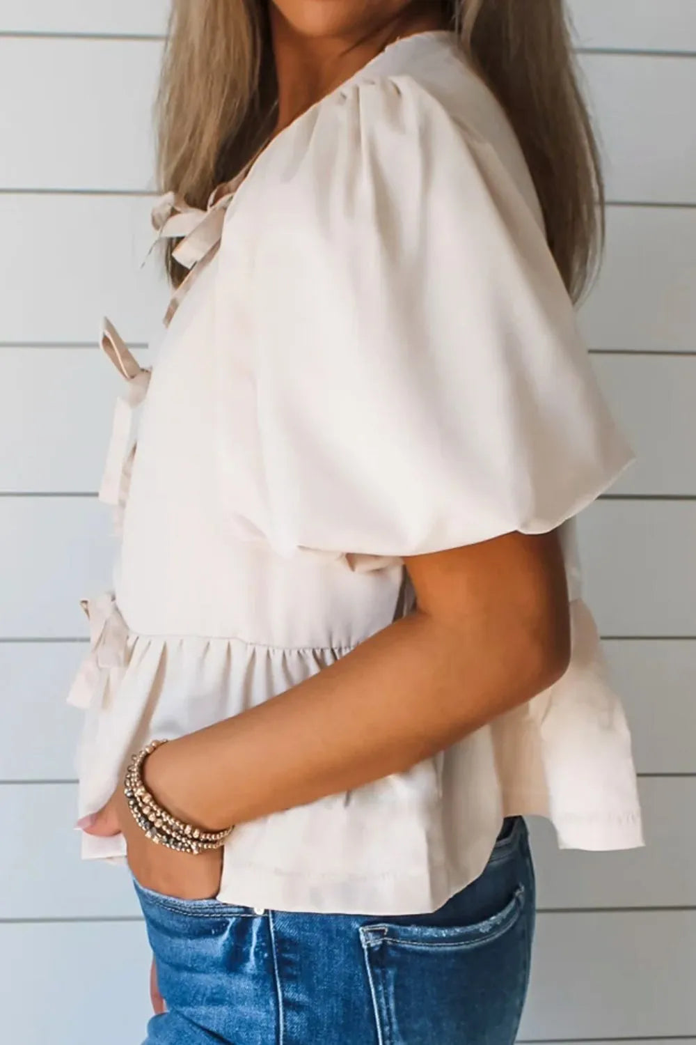 Bow Tie Short Puff Sleeve Ruffle Hem Blouse - Tigbul's Variety Fashion Shop