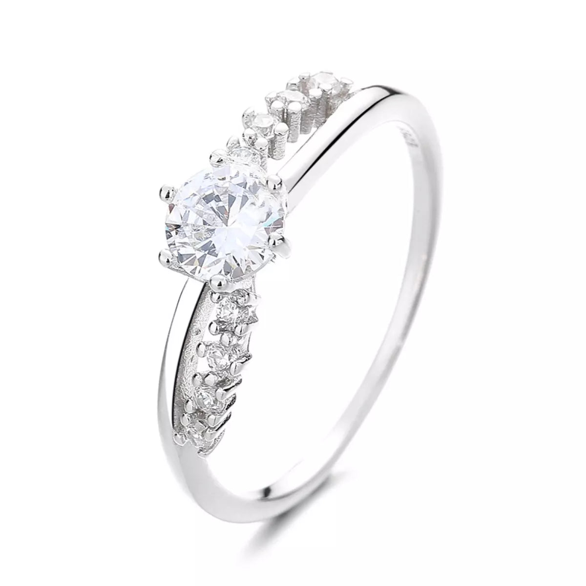 Silver zircon ring, side view: large round center stone with pavé band