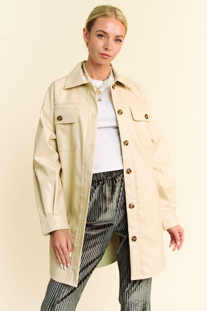 Beige Faux Leather Button Up Jacket with Chest Pockets - Tigbul's Variety Fashion Shop