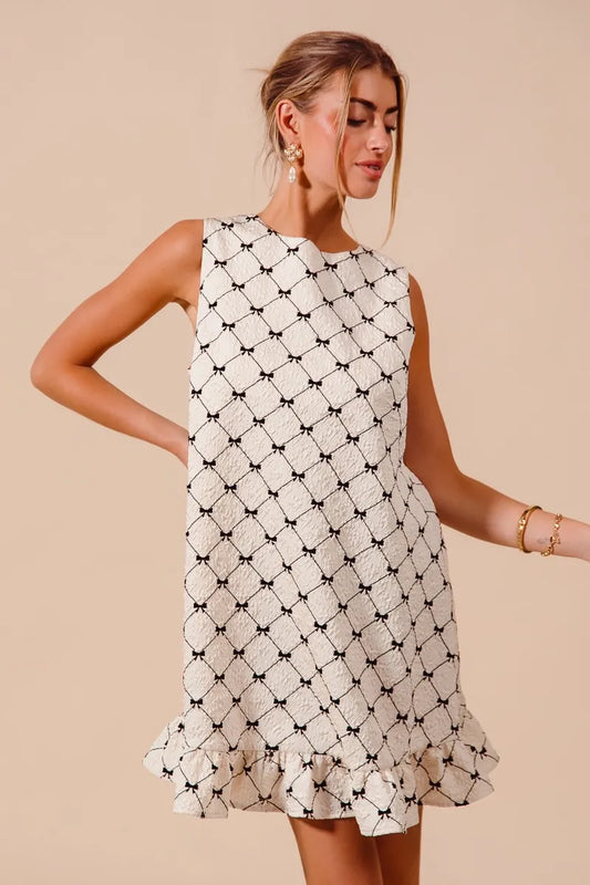 SO ME Texture Bow Printed Mini Ruffle Dress - Tigbul's Variety Fashion Shop