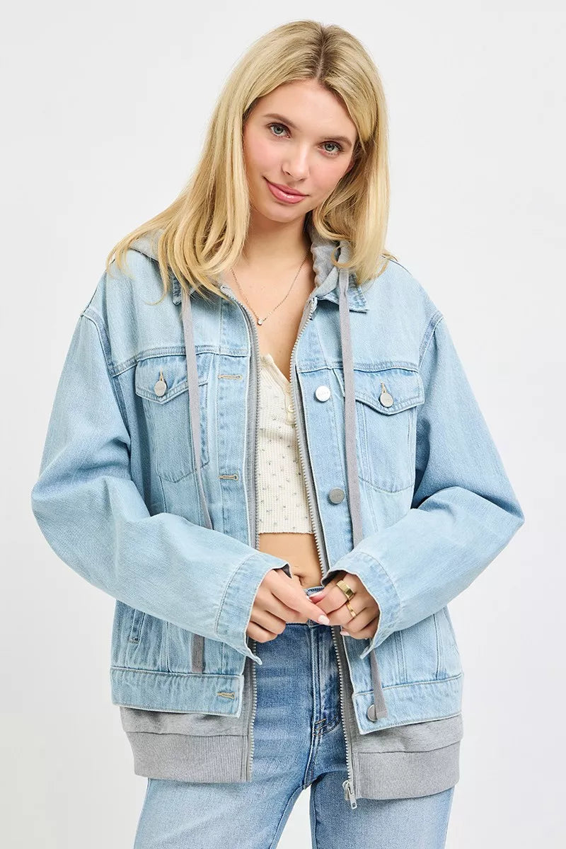 Oversized hoodie jacket in light denim with snap-front, hood drawstrings, and pockets