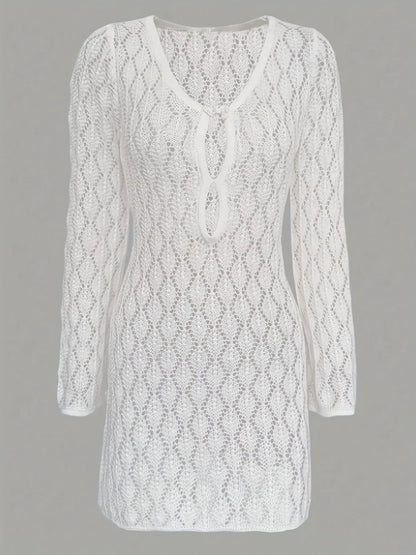 Openwork Long Sleeve Knit Dress - Tigbul's Variety Fashion Shop