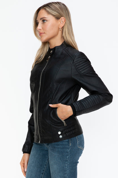 Black Faux Leather Biker Jacket with Side Zip Pockets