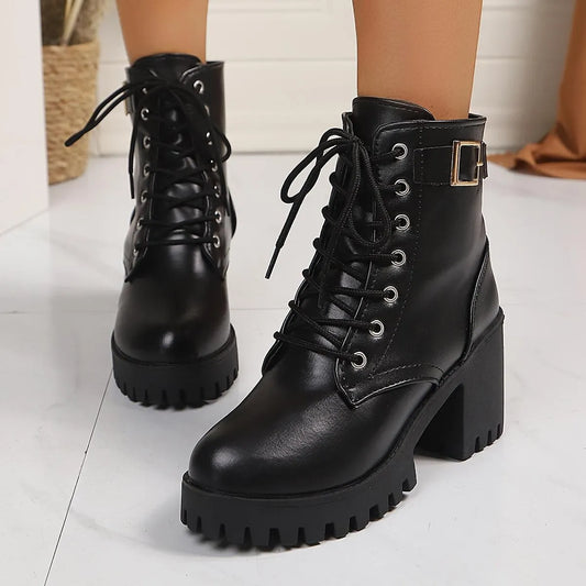Combat Lace Up Boots with Buckle Straps - Tigbul's Variety Fashion Shop