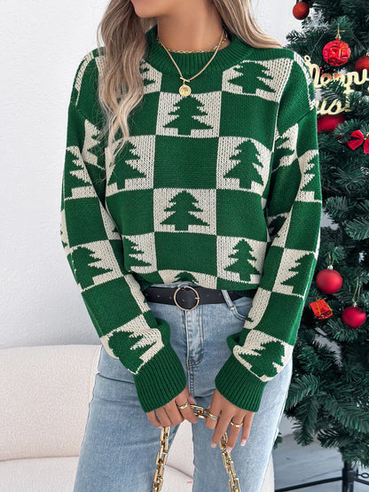 Christmas Tree Checkerboard Pattern Sweater - Tigbul's Variety Fashion Shop