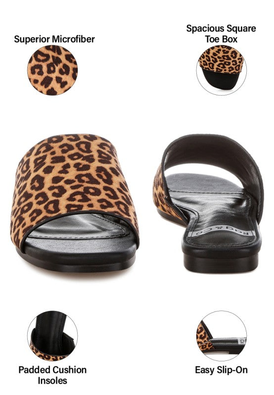 Leopard print slide flats close-up: spacious square toe box and cushioned insole