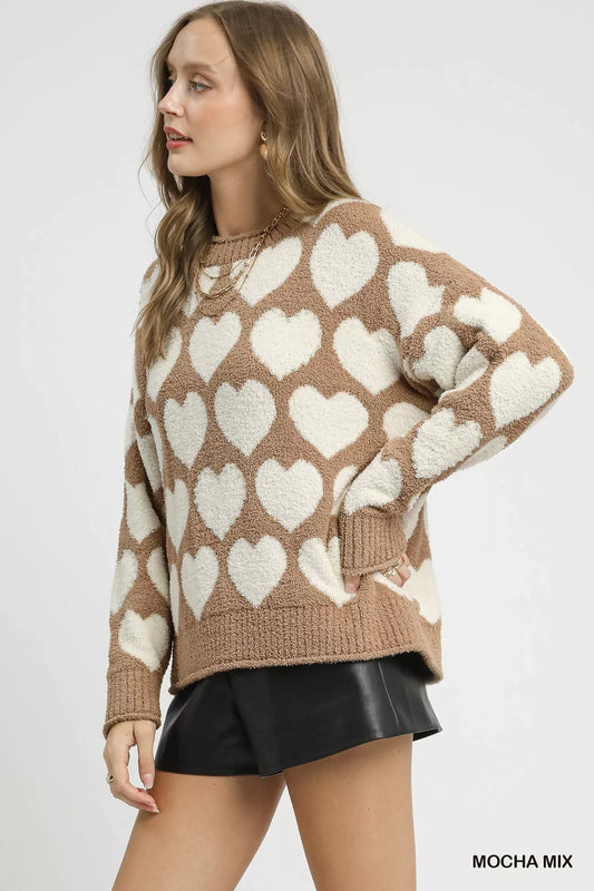 Umgee Mix Heart Pattern Pearl Accent Sweater - Tigbul's Variety Fashion Shop