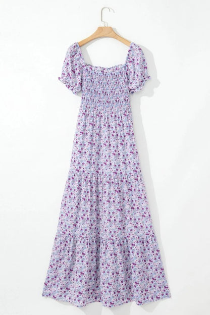 Lavender Tiered Floral Shirred High Waist Maxi Dress - Tigbul's Variety Fashion Shop