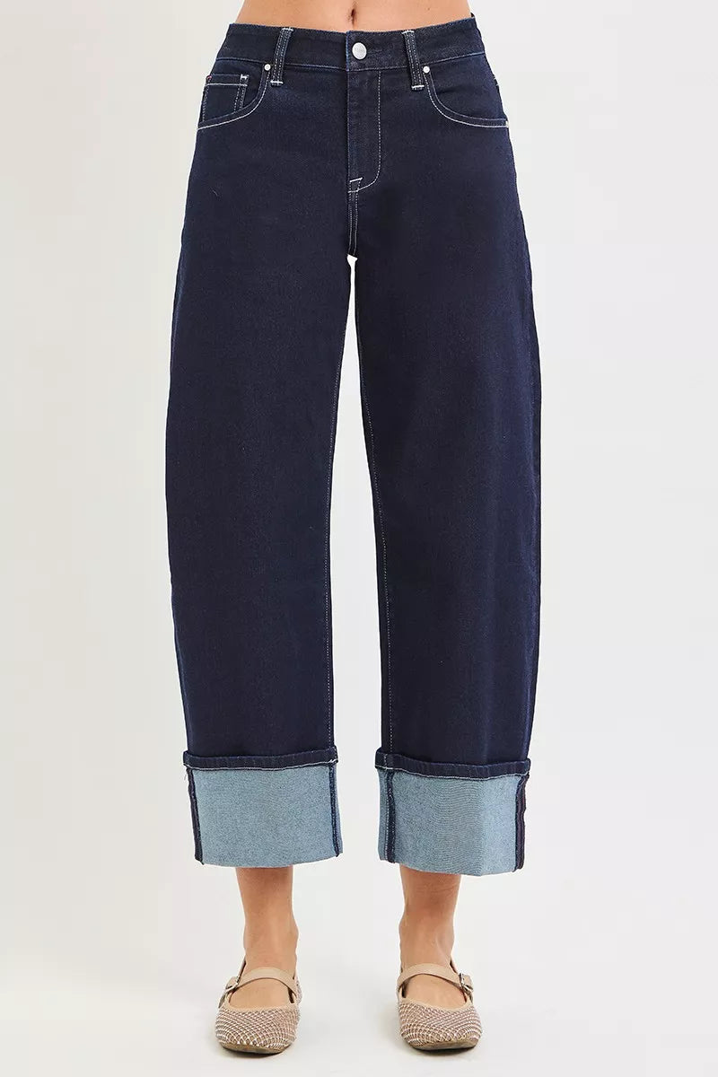RISEN slouchy crop jeans, dark wash, cuffed hem with contrasting light denim band