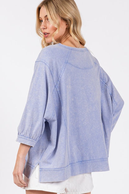 Mineral Washed Side Slit Round Neck Sweatshirt - Tigbul's Variety Fashion Shop