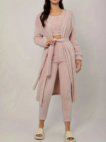 Fuzzy Tank Long Sleeve Cardigan and Pants 3-Piece Lounge Set - Tigbul's Variety Fashion Shop