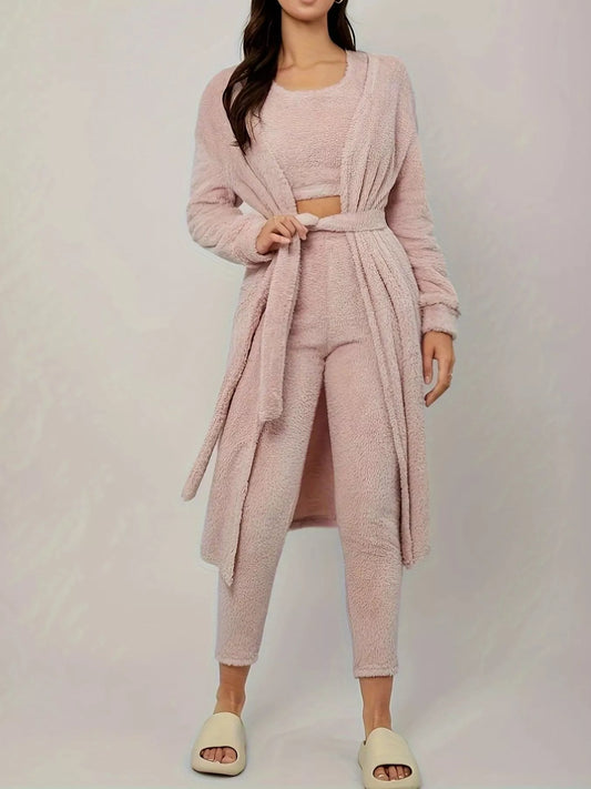 Fuzzy Tank Long Sleeve Cardigan and Pants 3-Piece Lounge Set - Tigbul's Variety Fashion Shop