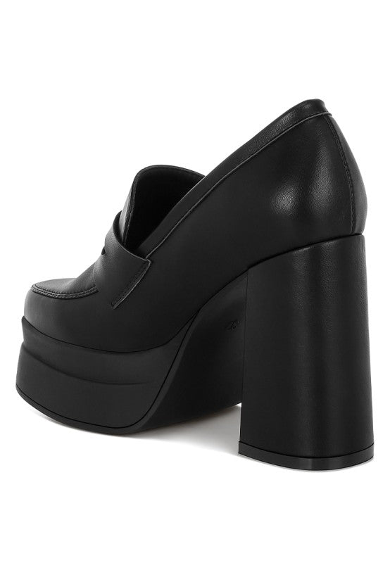 Black chunky platform loafers with penny strap detail and thick high block heel