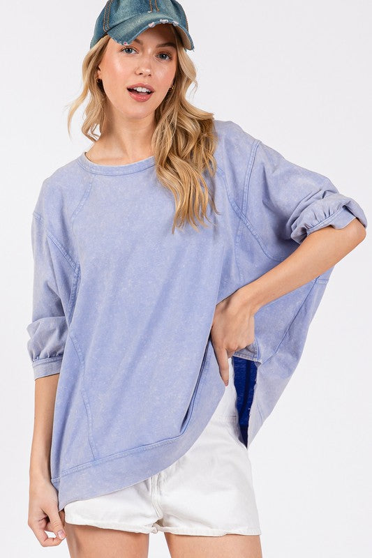 Mineral Washed Side Slit Round Neck Sweatshirt - Tigbul's Variety Fashion Shop